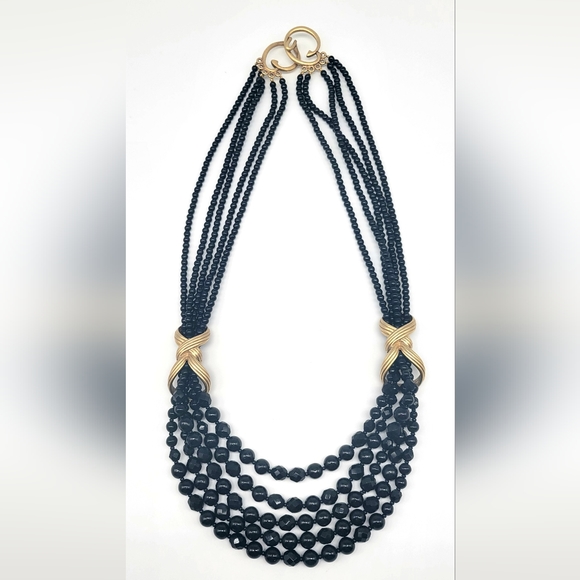 Oscar de la Renta Black Glass Bead Multistrand Layered Swag Necklace Gold Detail - Picture 9 of 13